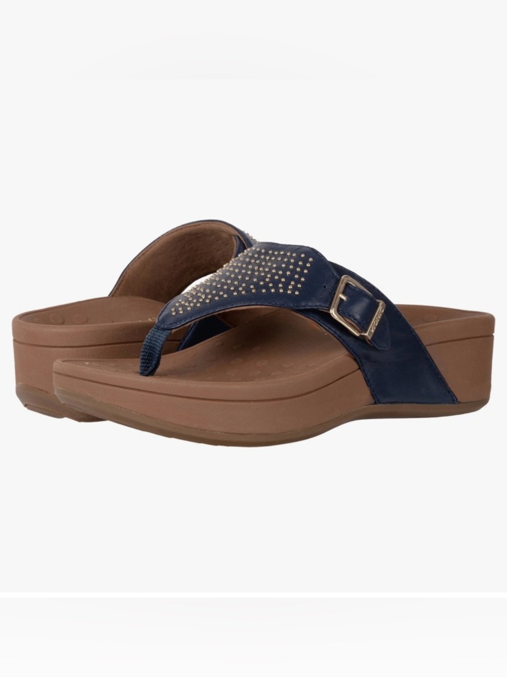 Vionic Capitola Wedge Flip Flop Navy Blue Thong W/ Gold Rivets Sz 7 (38) VGUC